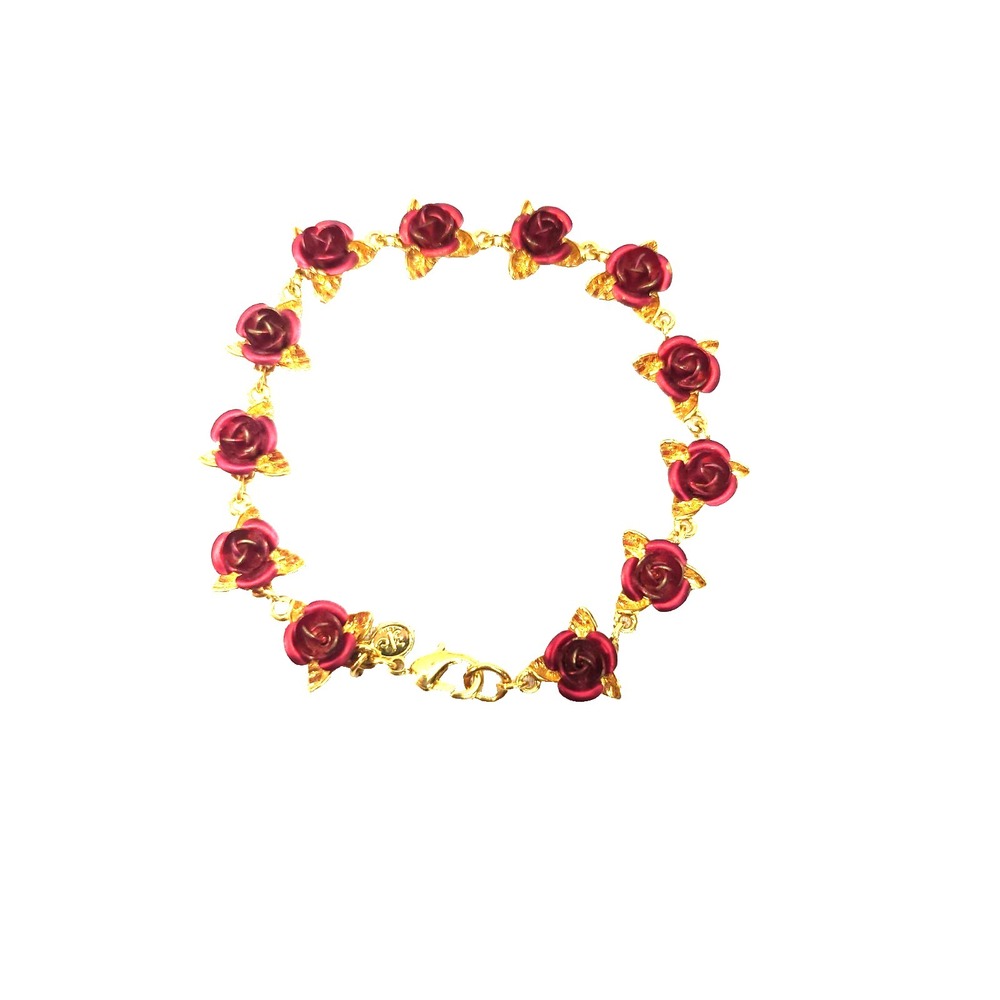 Vintage The Danbury Mint Bracelet A Dozen Red Enamel Roses GP 7" Jewelry Signed